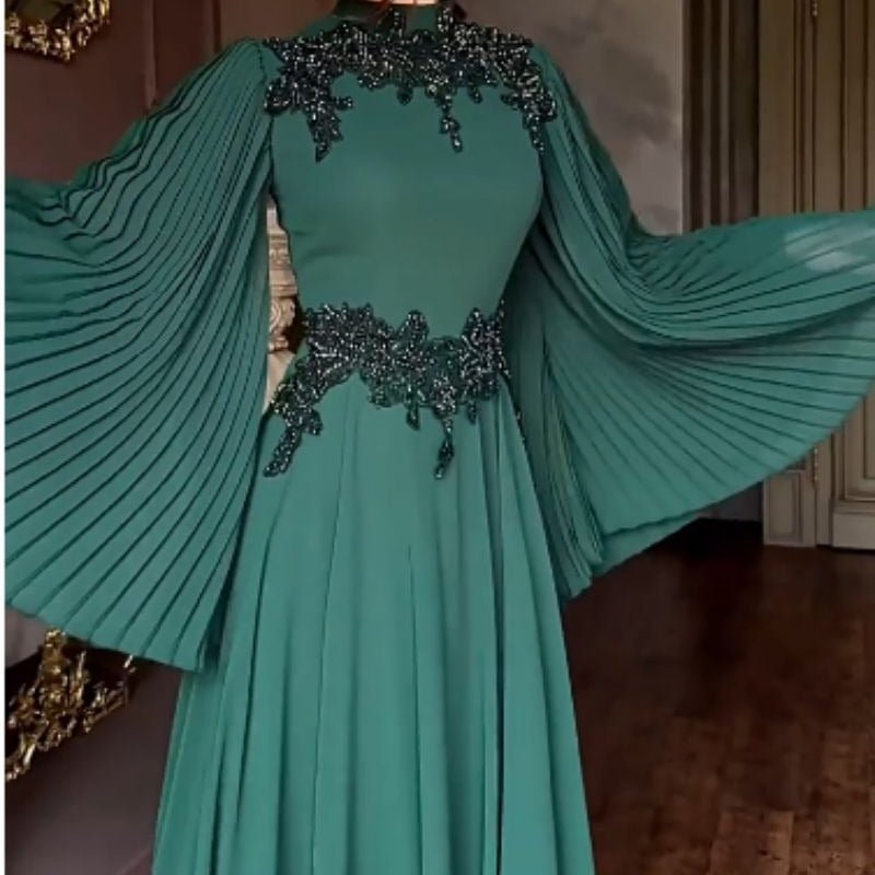 Beaded Lace Evening Gown | Pleated Sleeve Maxi Dress with Crystal Applique(MA346)