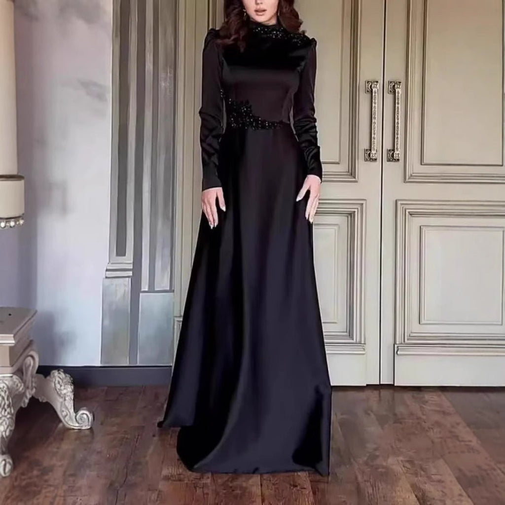 Beaded Satin Evening Gown | High Neck Long Sleeve Maxi Dress(MA348)