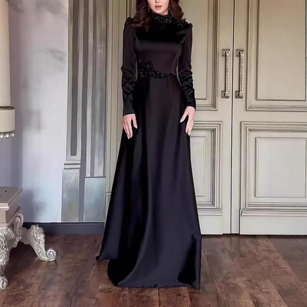 Beaded Satin Evening Gown | High Neck Long Sleeve Maxi Dress(MA348)