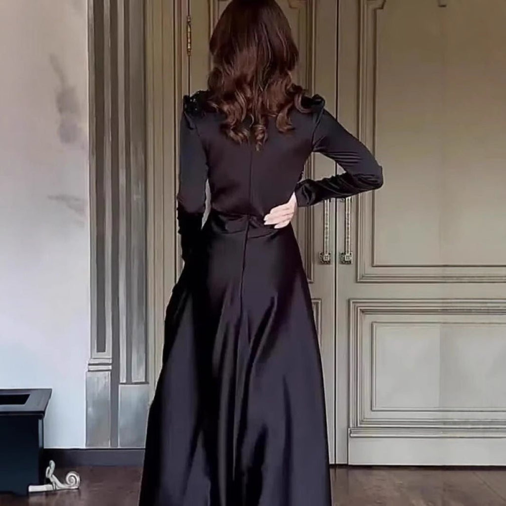Beaded Satin Evening Gown | High Neck Long Sleeve Maxi Dress(MA348)