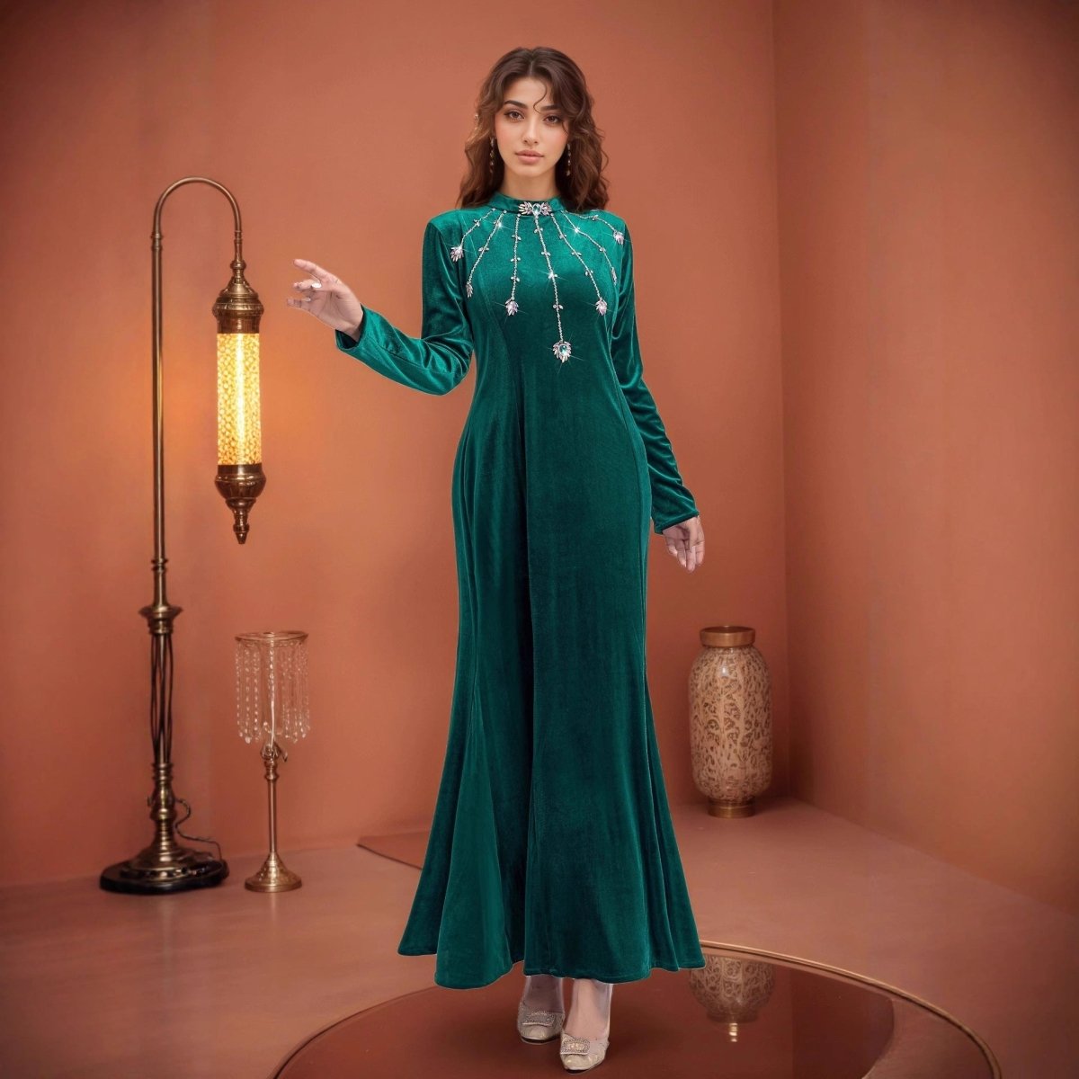 Beaded Velvet Mermaid Gown | Hand-Embellished Fishtail Dress(MA375)