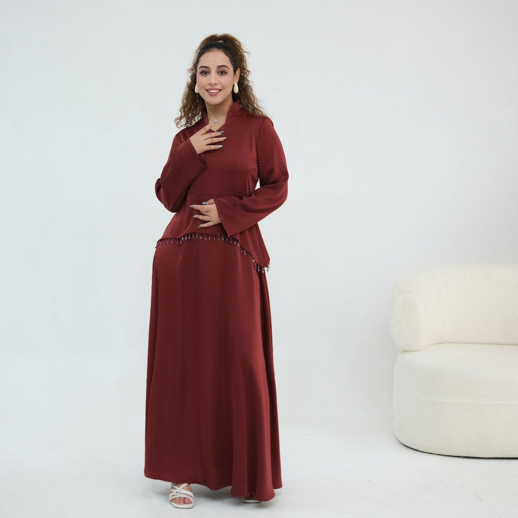 Beaded-Waist Corset-Back Flared-Sleeve Maxi Dress(MS476)