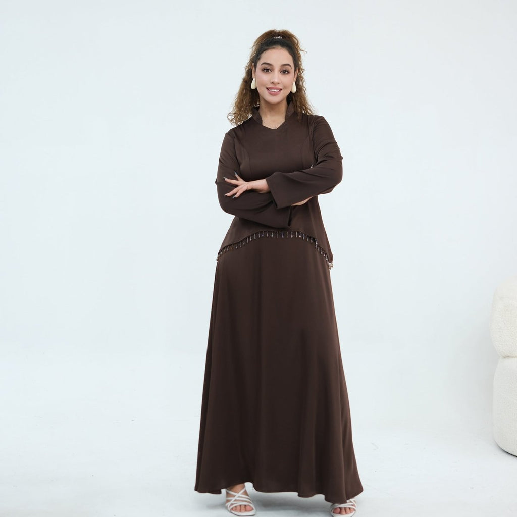 Beaded-Waist Corset-Back Flared-Sleeve Maxi Dress(MS476)