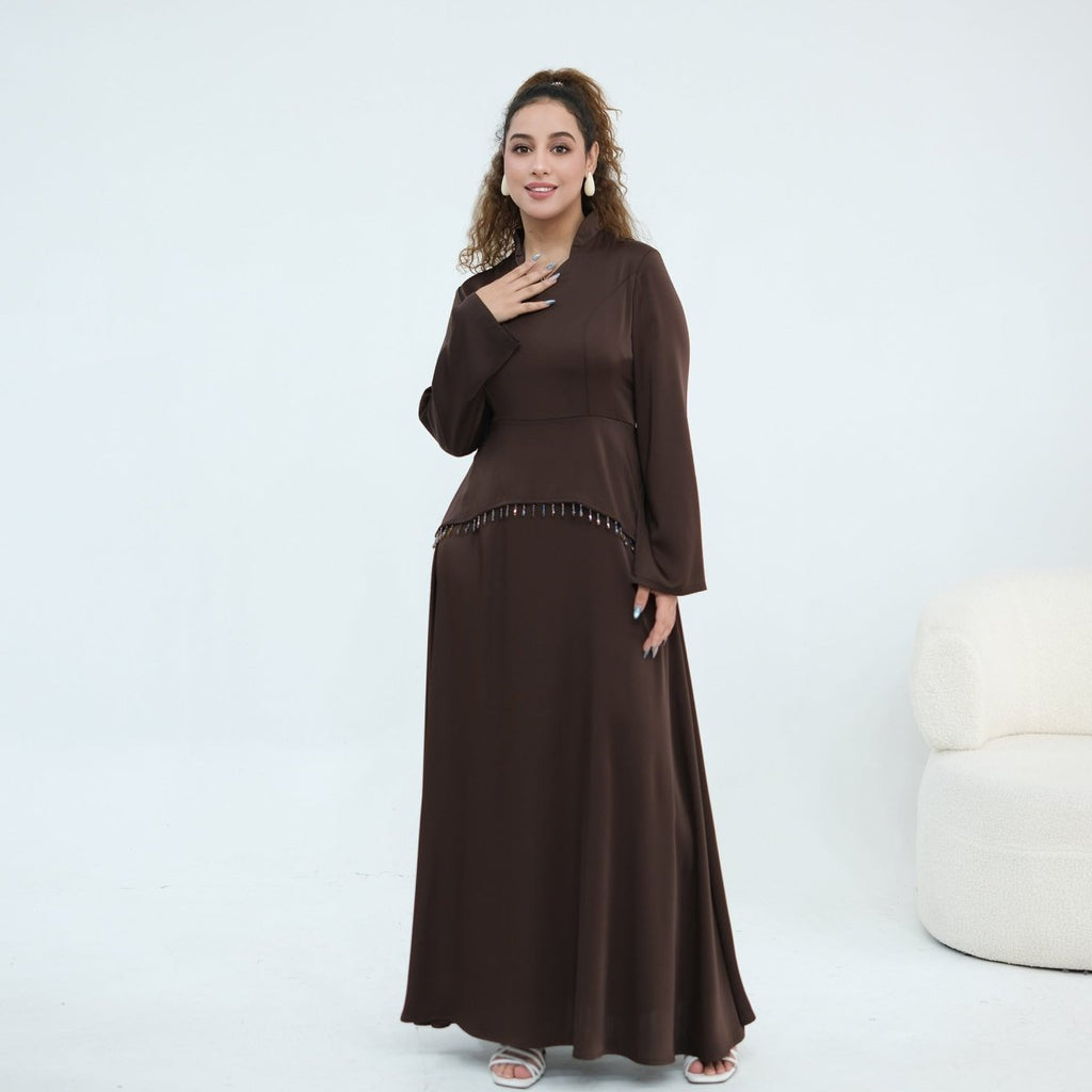 Beaded-Waist Corset-Back Flared-Sleeve Maxi Dress(MS476)