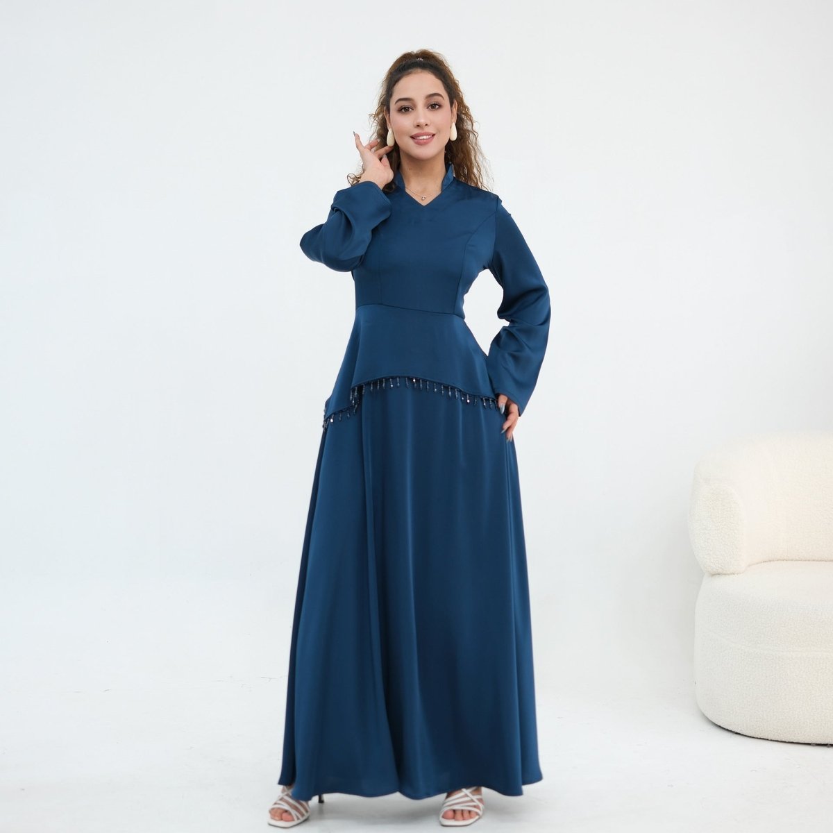 Beaded-Waist Corset-Back Flared-Sleeve Maxi Dress(MS476)