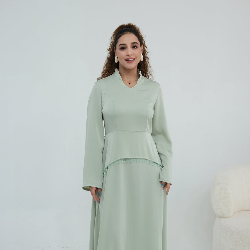 Beaded-Waist Corset-Back Flared-Sleeve Maxi Dress(MS476)