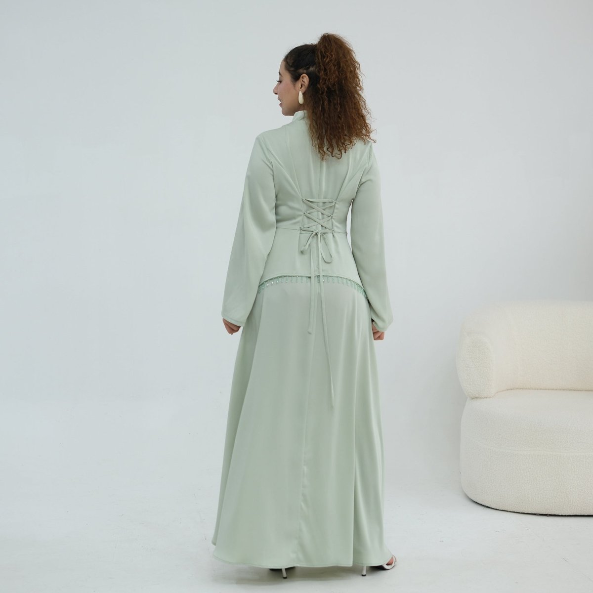 Beaded-Waist Corset-Back Flared-Sleeve Maxi Dress(MS476)