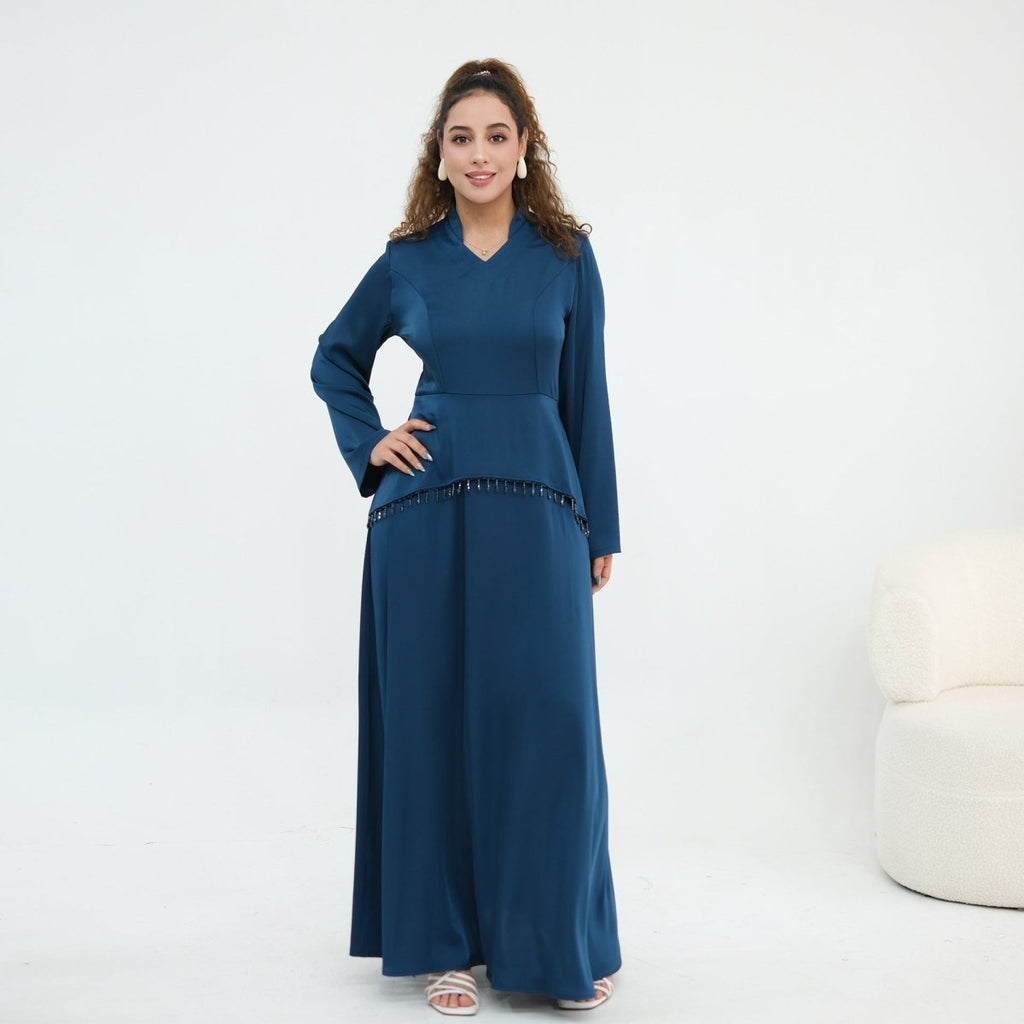Beaded-Waist Corset-Back Flared-Sleeve Maxi Dress(MS476)