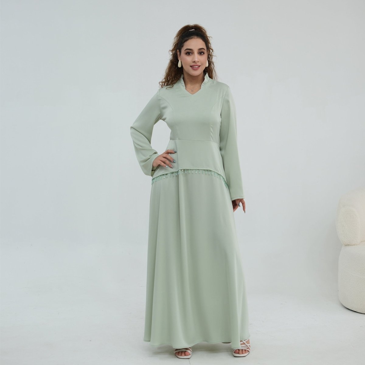 Beaded-Waist Corset-Back Flared-Sleeve Maxi Dress(MS476)