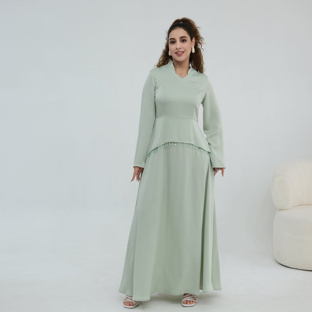 Beaded-Waist Corset-Back Flared-Sleeve Maxi Dress(MS476)