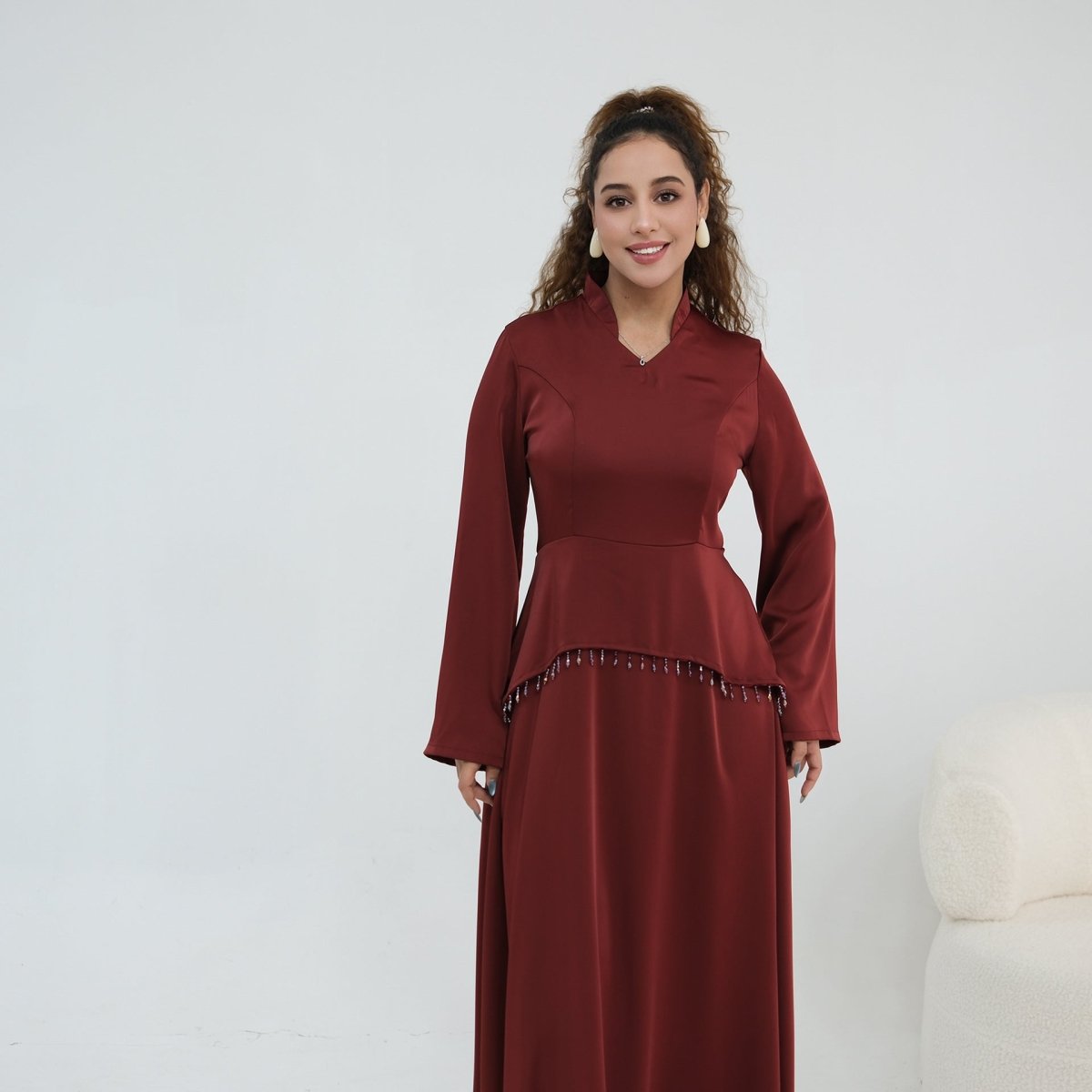 Beaded-Waist Corset-Back Flared-Sleeve Maxi Dress(MS476)