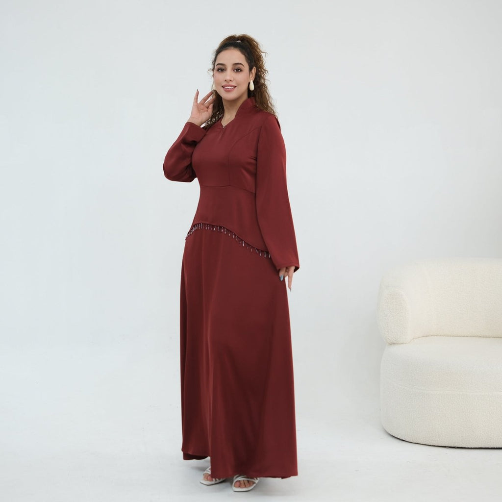 Beaded-Waist Corset-Back Flared-Sleeve Maxi Dress(MS476)