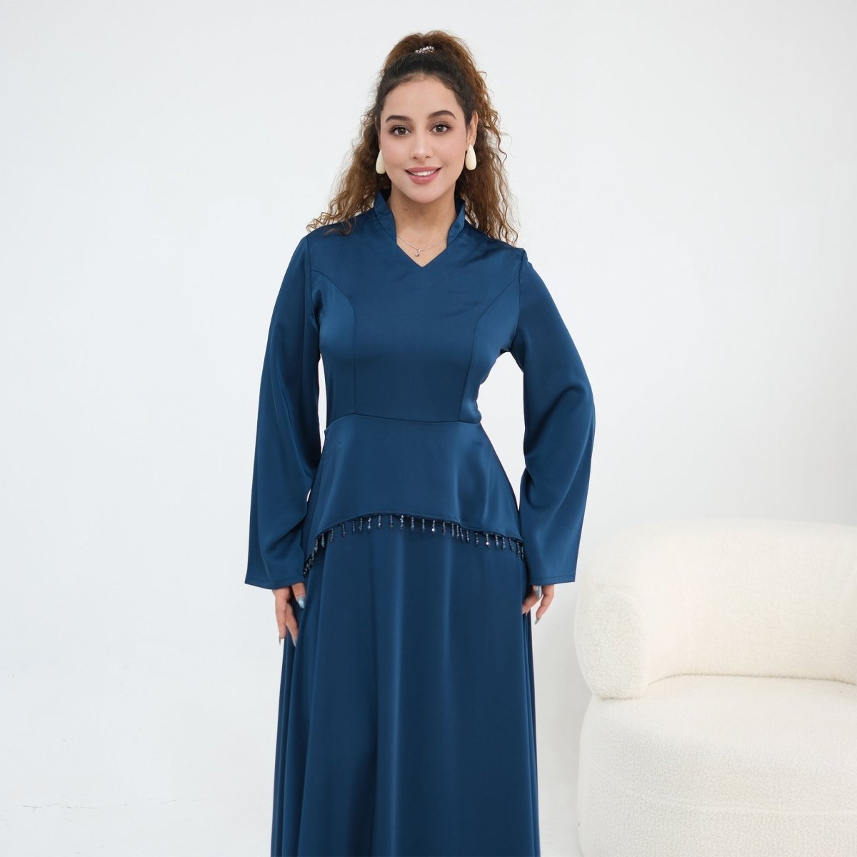 Beaded-Waist Corset-Back Flared-Sleeve Maxi Dress(MS476)