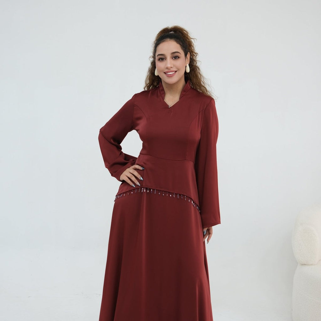 Beaded-Waist Corset-Back Flared-Sleeve Maxi Dress(MS476)