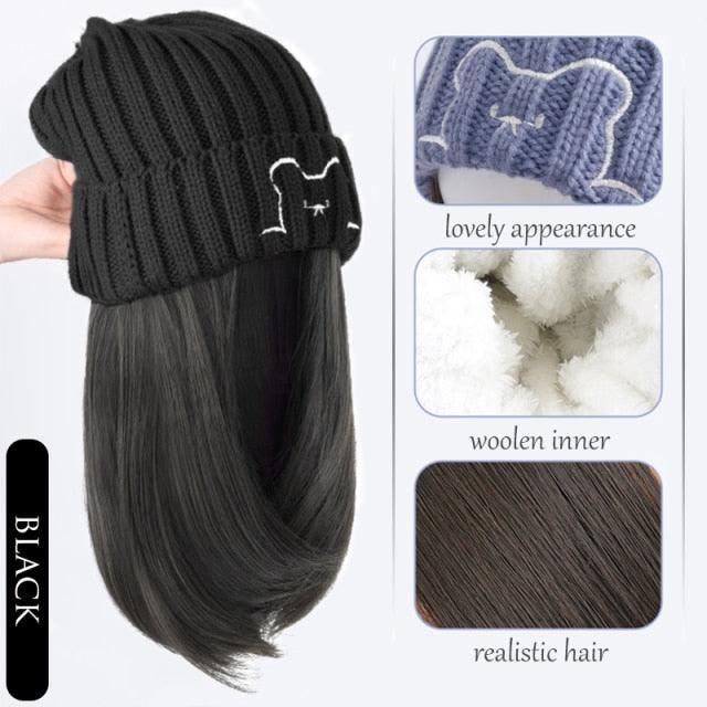 Beanie Hat Synthetic Short Wig Hat with Hair Extension Natural Hair Color Black Brown Wigs for Women Wool Product Wigs For Black Women Cosplay Wigs For Women