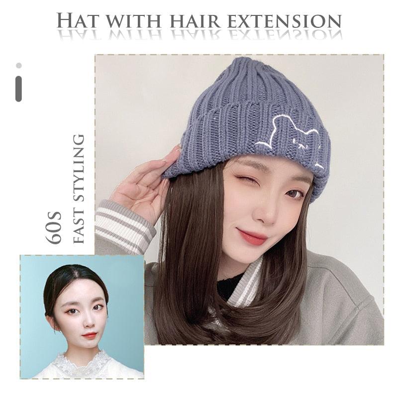 Beanie Hat Synthetic Short Wig Hat with Hair Extension Natural Hair Color Black Brown Wigs for Women Wool Product Wigs For Black Women Cosplay Wigs For Women