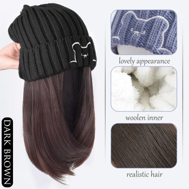 Beanie Hat Synthetic Short Wig Hat with Hair Extension Natural Hair Color Black Brown Wigs for Women Wool Product Wigs For Black Women Cosplay Wigs For Women