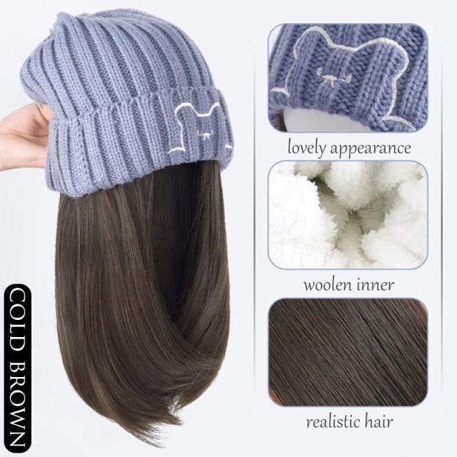 Beanie Hat Synthetic Short Wig Hat with Hair Extension Natural Hair Color Black Brown Wigs for Women Wool Product Wigs For Black Women Cosplay Wigs For Women