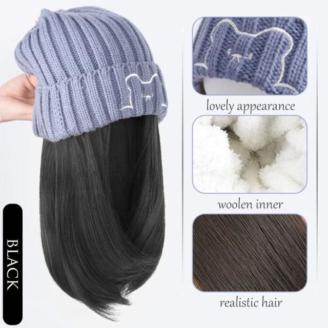 Beanie Hat Synthetic Short Wig Hat with Hair Extension Natural Hair Color Black Brown Wigs for Women Wool Product Wigs For Black Women Cosplay Wigs For Women