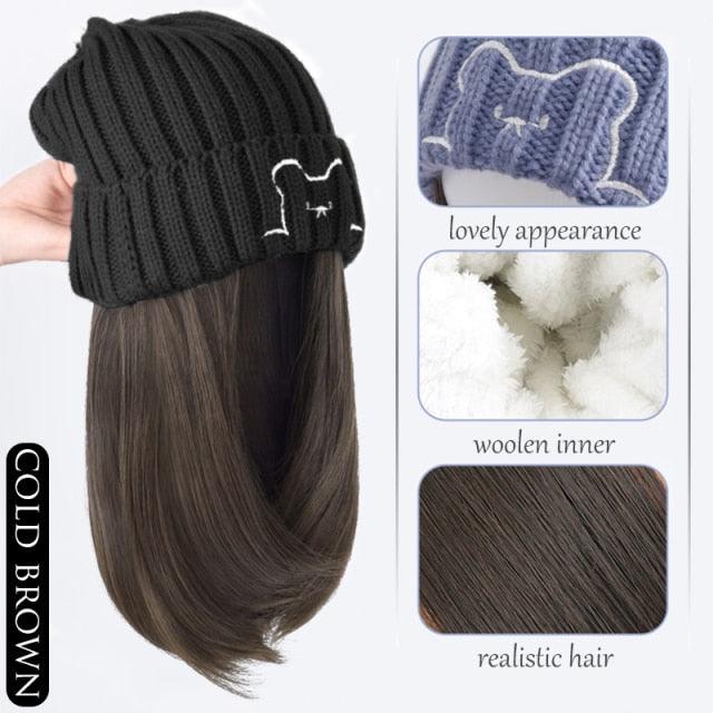 Beanie Hat Synthetic Short Wig Hat with Hair Extension Natural Hair Color Black Brown Wigs for Women Wool Product Wigs For Black Women Cosplay Wigs For Women