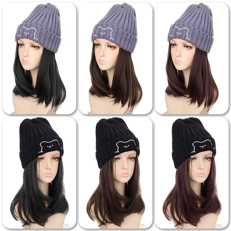 Beanie Hat Synthetic Short Wig Hat with Hair Extension Natural Hair Color Black Brown Wigs for Women Wool Product Wigs For Black Women Cosplay Wigs For Women
