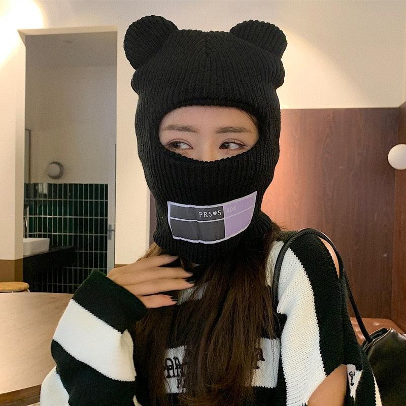 Bear Ears Balaclava Ladies 1 Hole Ski Mask Handmade Crochet Full Face Wooly Hat Cute Girl Winter Streetwear Warm Beanie Knitted Ski Full Face Covering Adult Winter Balaclava for Outdoor Sports Weather Balaclava Ski Mask for Men Windproof Thermal Beanie