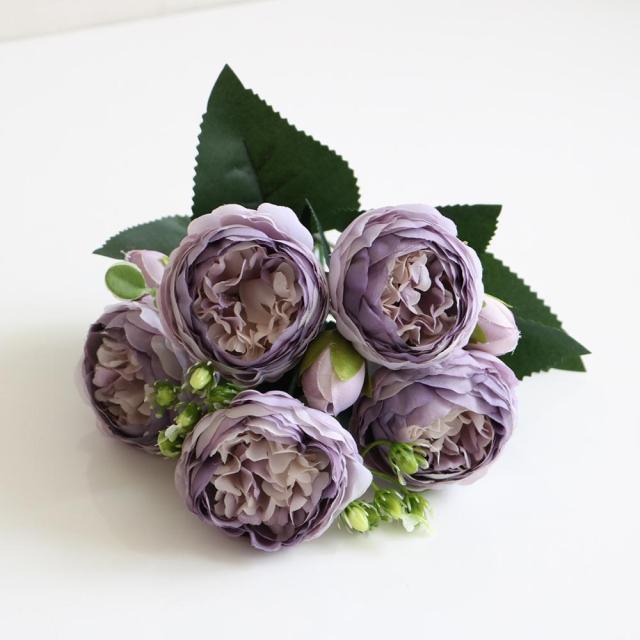 Beautiful Rose Peony Artificial Silk Eucalyptus Fake Flowers Small bouquet Flores Home Party Spring Wedding Decoration Artificial Silk Rose Flower Bouquet Lifelike Fake Rose for Wedding Home Party Decoration Event Gift