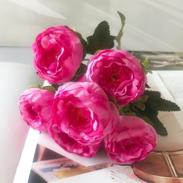 Beautiful Rose Peony Artificial Silk Eucalyptus Fake Flowers Small bouquet Flores Home Party Spring Wedding Decoration Artificial Silk Rose Flower Bouquet Lifelike Fake Rose for Wedding Home Party Decoration Event Gift