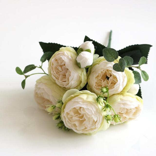 Beautiful Rose Peony Artificial Silk Eucalyptus Fake Flowers Small bouquet Flores Home Party Spring Wedding Decoration Artificial Silk Rose Flower Bouquet Lifelike Fake Rose for Wedding Home Party Decoration Event Gift