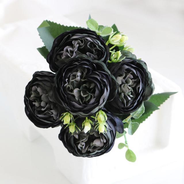 Beautiful Rose Peony Artificial Silk Eucalyptus Fake Flowers Small bouquet Flores Home Party Spring Wedding Decoration Artificial Silk Rose Flower Bouquet Lifelike Fake Rose for Wedding Home Party Decoration Event Gift