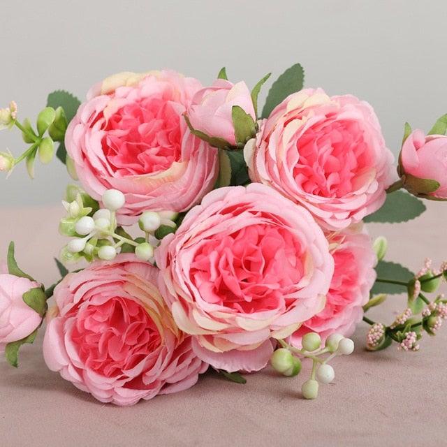Beautiful Rose Peony Artificial Silk Eucalyptus Fake Flowers Small bouquet Flores Home Party Spring Wedding Decoration Artificial Silk Rose Flower Bouquet Lifelike Fake Rose for Wedding Home Party Decoration Event Gift