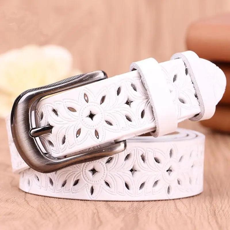 Beautiful Vintage White Genuine Leather Belts With Pin Buckle Strap Floral Design Classic Ladies Waistbands