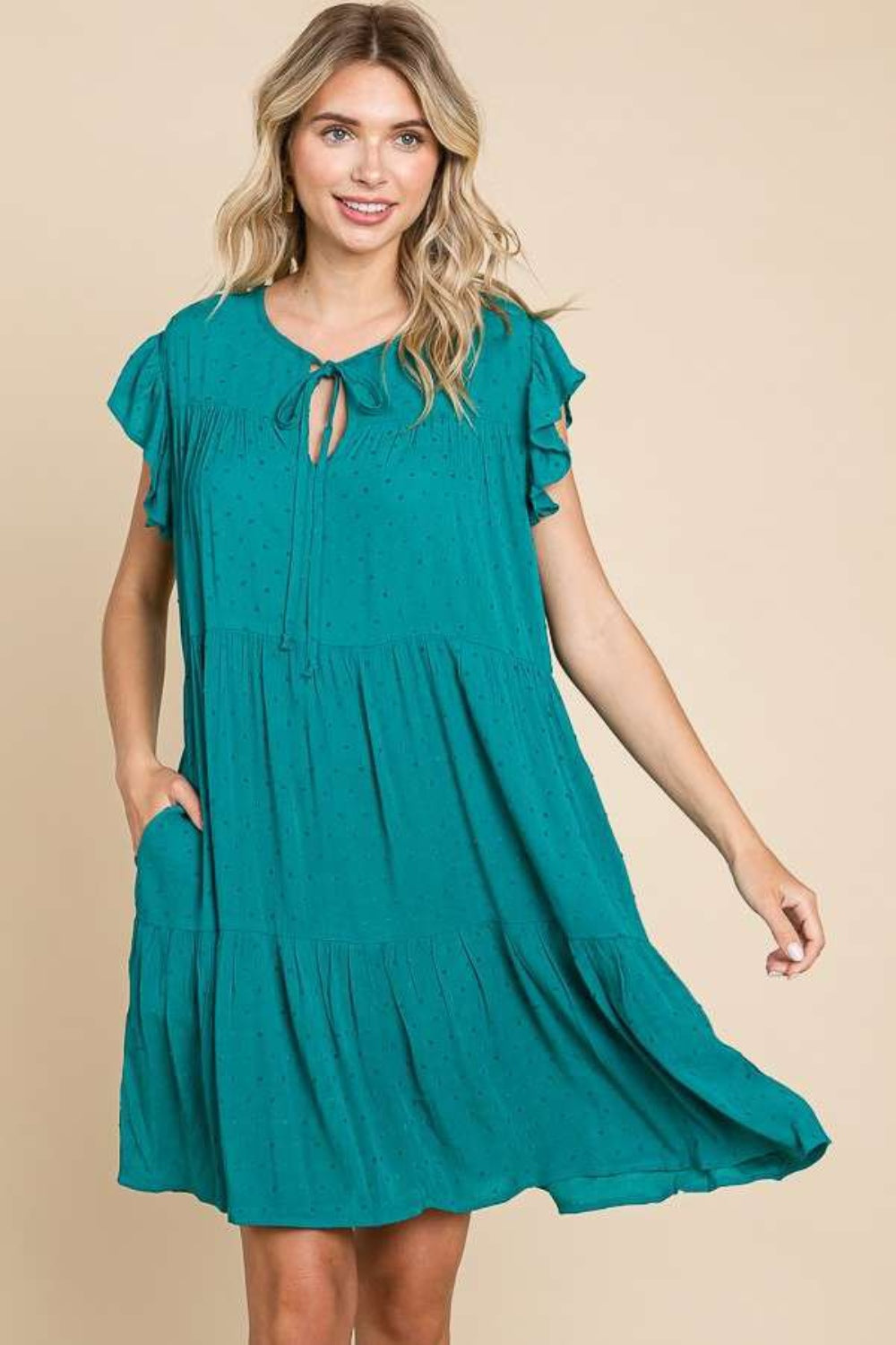 Ruffle Cap Sleeve Tiered Dress For Women – Ruffle Cap Sleeve Dress, Tiered Ruffle Dress, Feminine Tiered Dress, Stylish Cap Sleeve Dress, Playful Tiered Dress, Trendy Tiered Dress