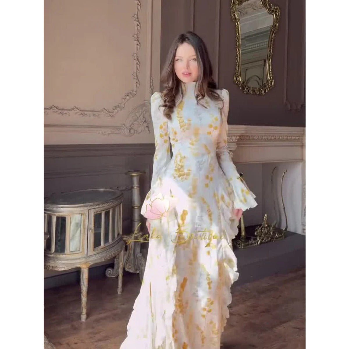 Bell Sleeve Floral Print Satin Lace-Up Back Long Sleeve Modest Abaya (MA165)