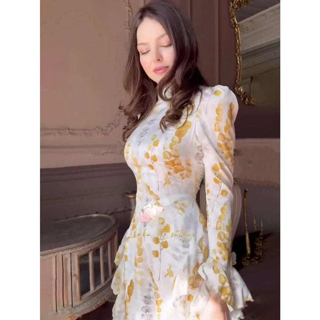 Bell Sleeve Floral Print Satin Lace-Up Back Long Sleeve Modest Abaya (MA165)