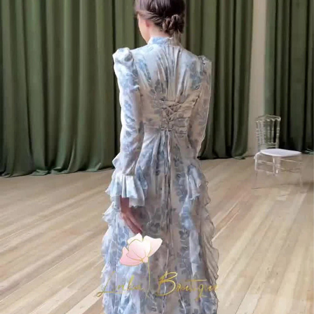 Bell Sleeve Floral Print Satin Lace-Up Back Long Sleeve Modest Abaya (MA165)