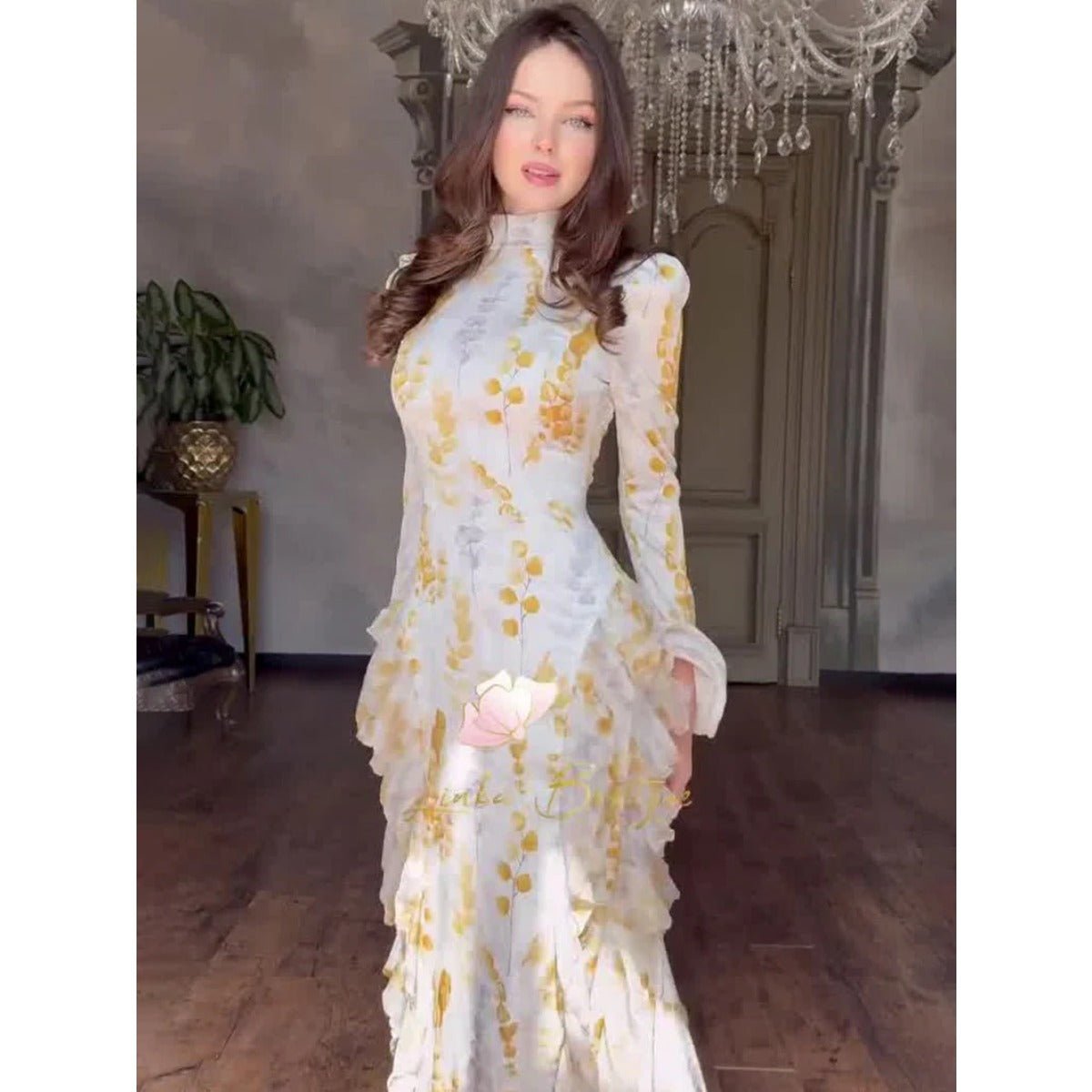 Bell Sleeve Floral Print Satin Lace-Up Back Long Sleeve Modest Abaya (MA165)