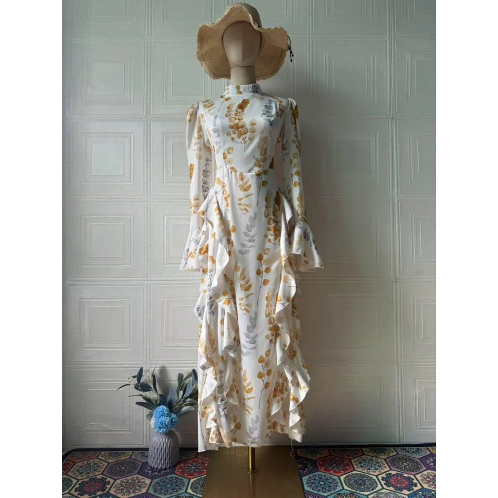 Bell Sleeve Floral Print Satin Lace-Up Back Long Sleeve Modest Abaya (MA165)