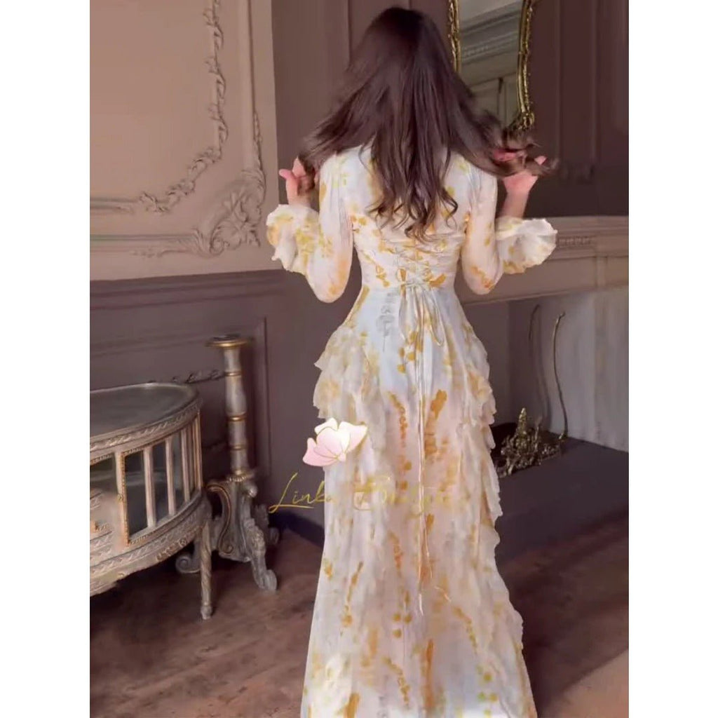 Bell Sleeve Floral Print Satin Lace-Up Back Long Sleeve Modest Abaya (MA165)