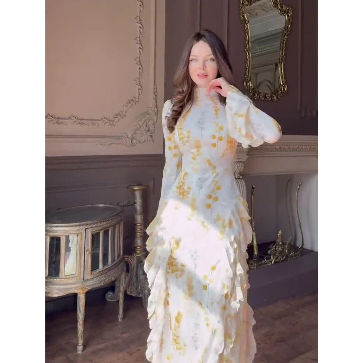 Bell Sleeve Floral Print Satin Lace-Up Back Long Sleeve Modest Abaya (MA165)