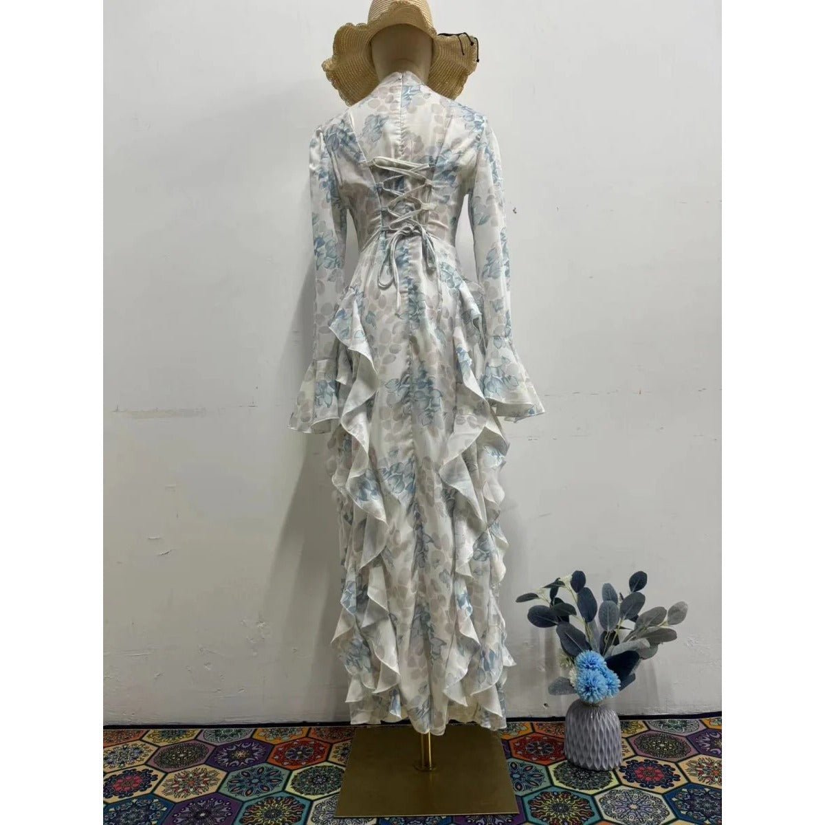Bell Sleeve Floral Print Satin Lace-Up Back Long Sleeve Modest Abaya (MA165)