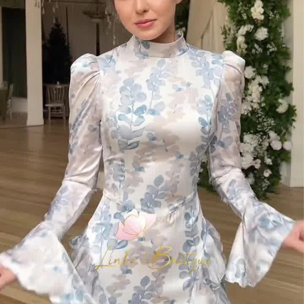 Bell Sleeve Floral Print Satin Lace-Up Back Long Sleeve Modest Abaya (MA165)