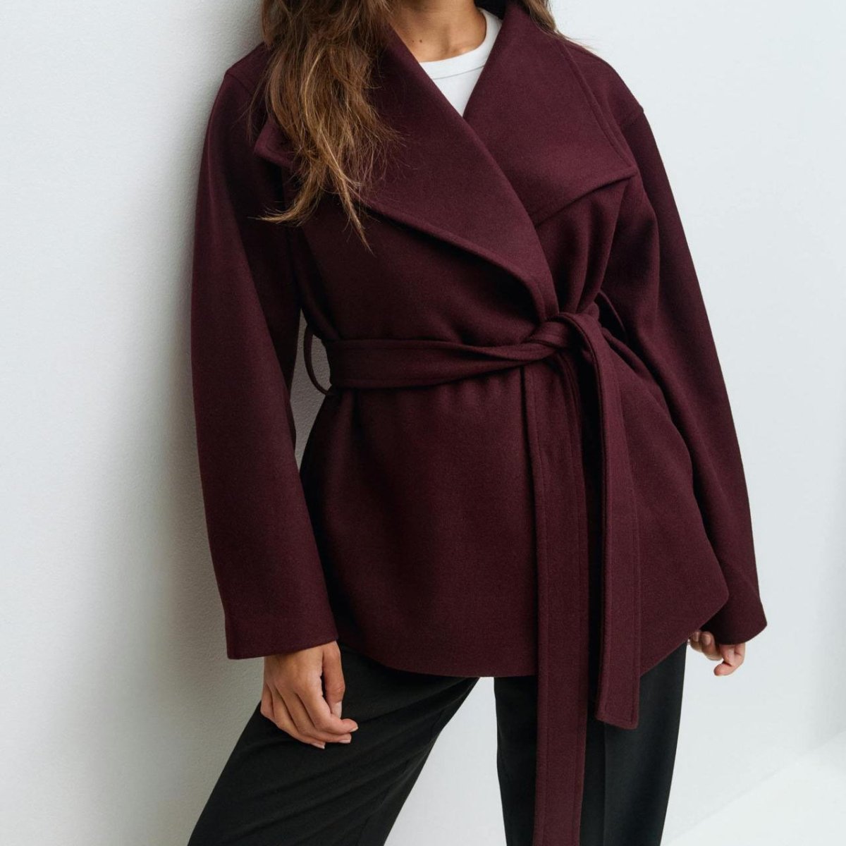 Belted Wrap Coat with Wide Collar | Double-Faced Wool Blend Jacket(MS254)