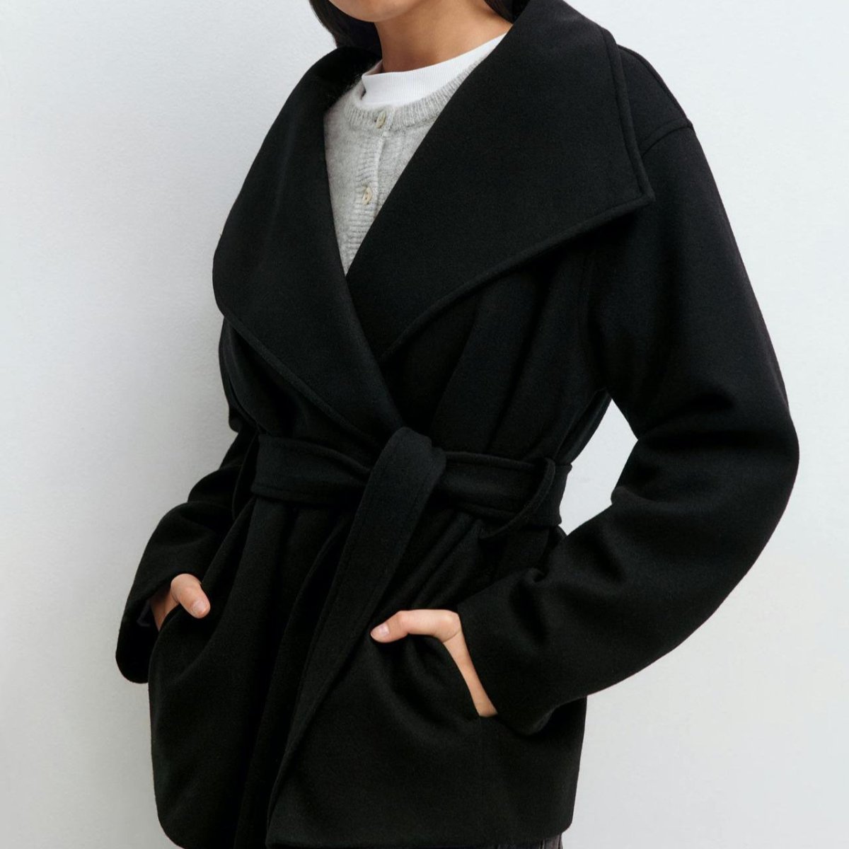 Belted Wrap Coat with Wide Collar | Double-Faced Wool Blend Jacket(MS254)