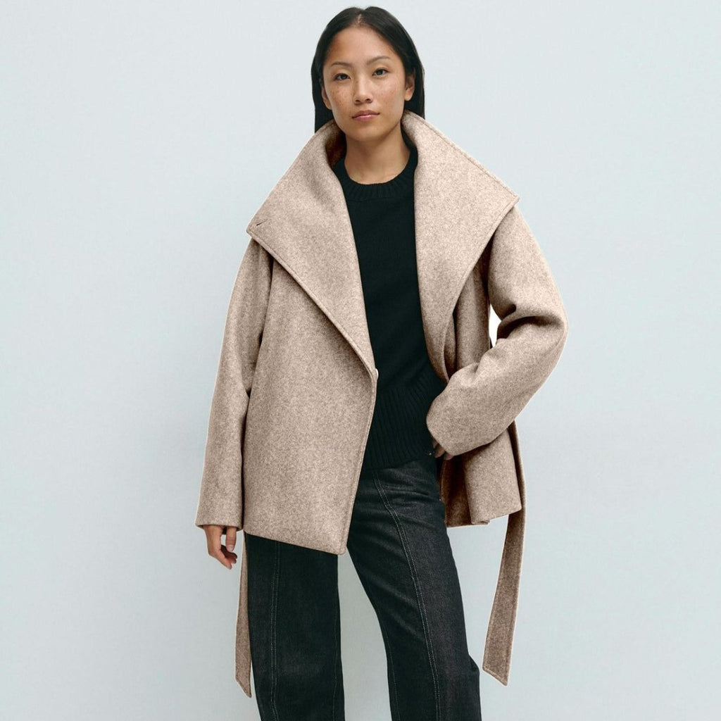Belted Wrap Coat with Wide Collar | Double-Faced Wool Blend Jacket(MS254)