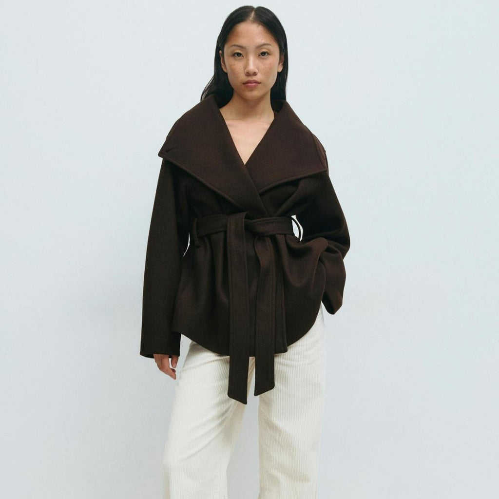 Belted Wrap Coat with Wide Collar | Double-Faced Wool Blend Jacket(MS254)