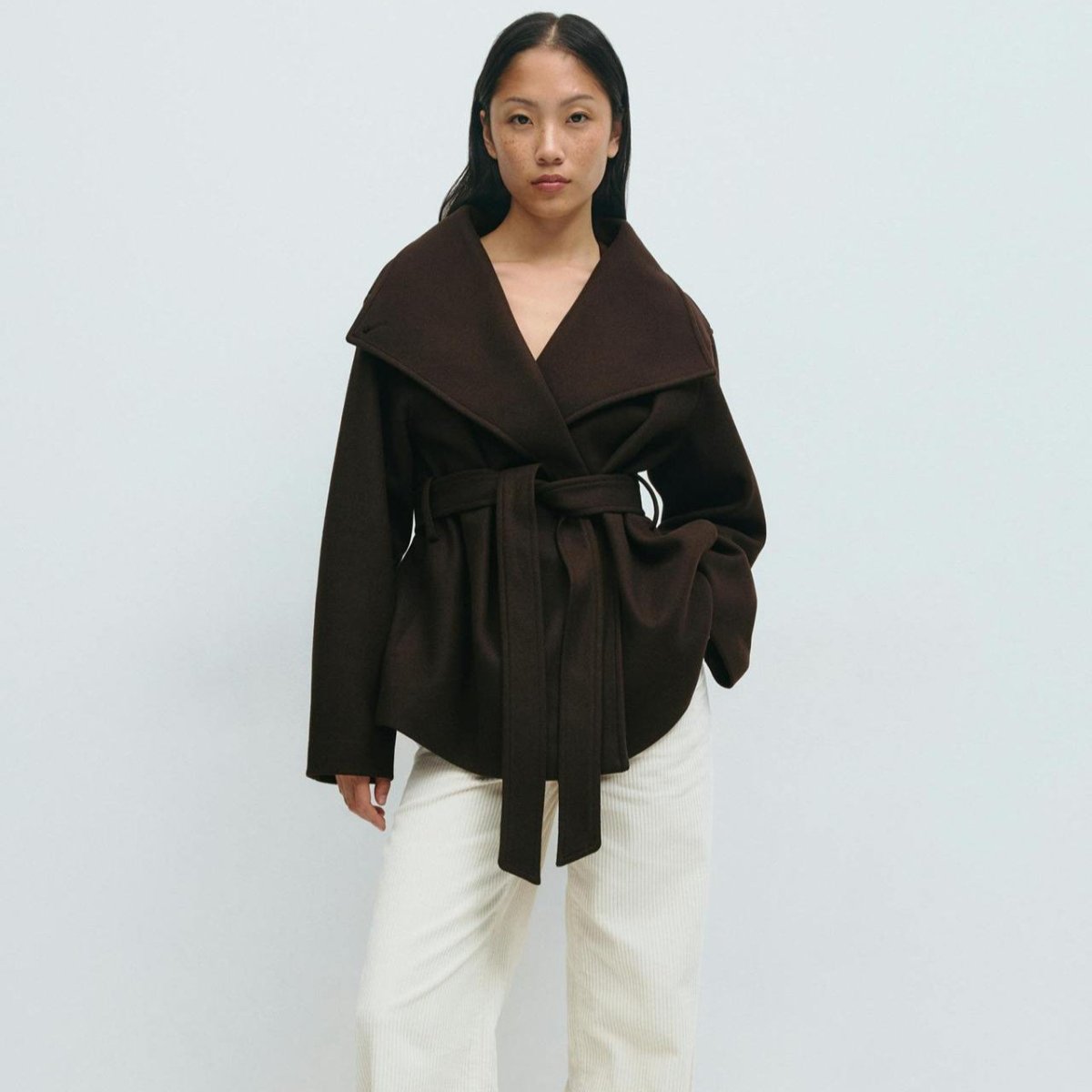 Belted Wrap Coat with Wide Collar | Double-Faced Wool Blend Jacket(MS254)