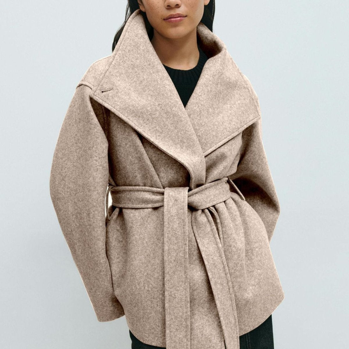 Belted Wrap Coat with Wide Collar | Double-Faced Wool Blend Jacket(MS254)