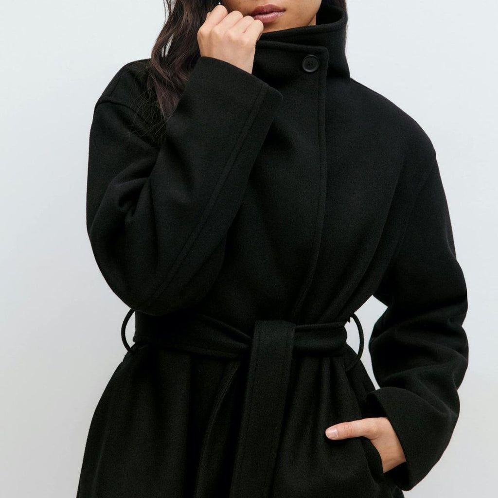 Belted Wrap Coat with Wide Collar | Double-Faced Wool Blend Jacket(MS254)