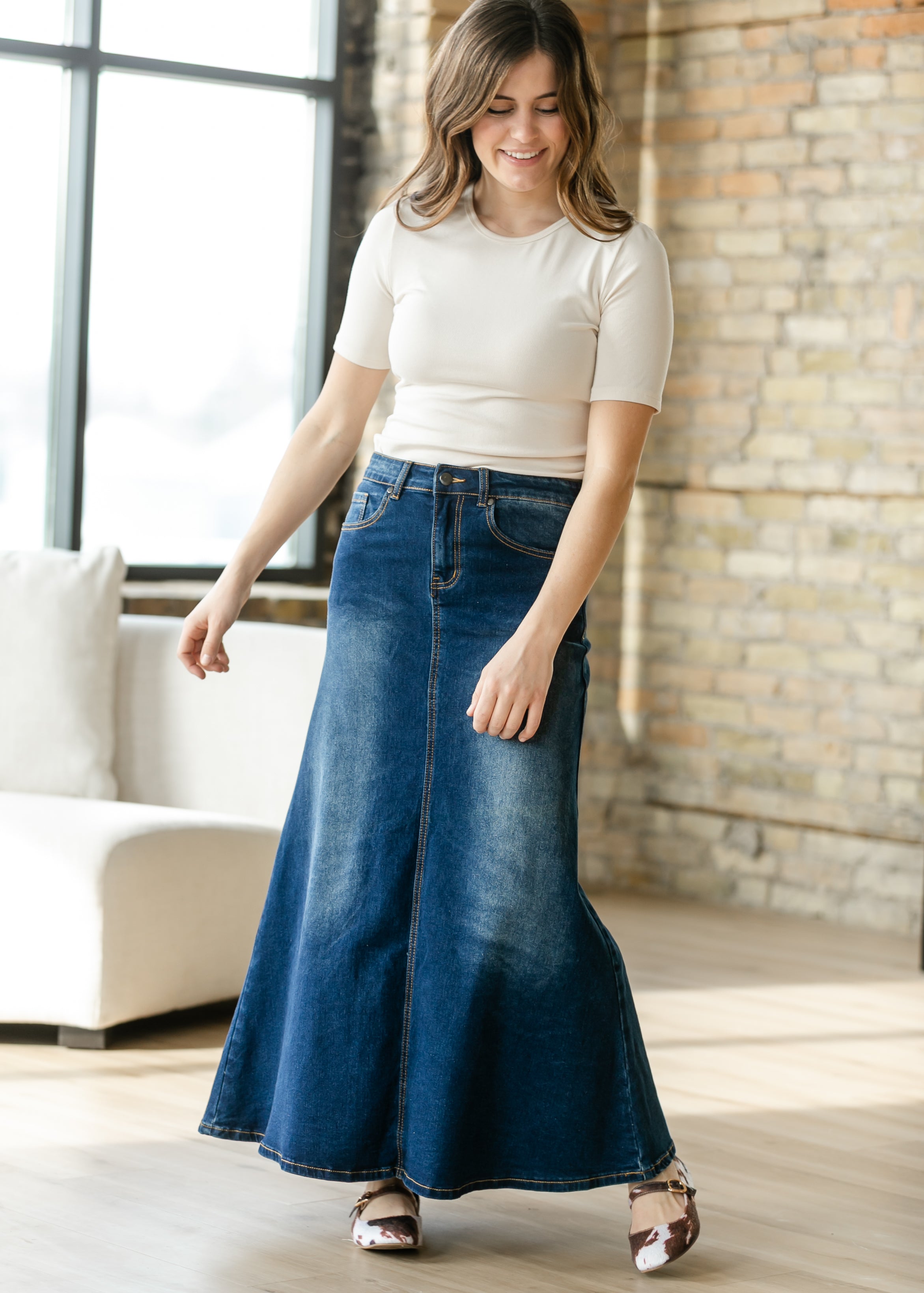 Bethany Dark Wash A-line Long Denim Skirt - FINAL SALE